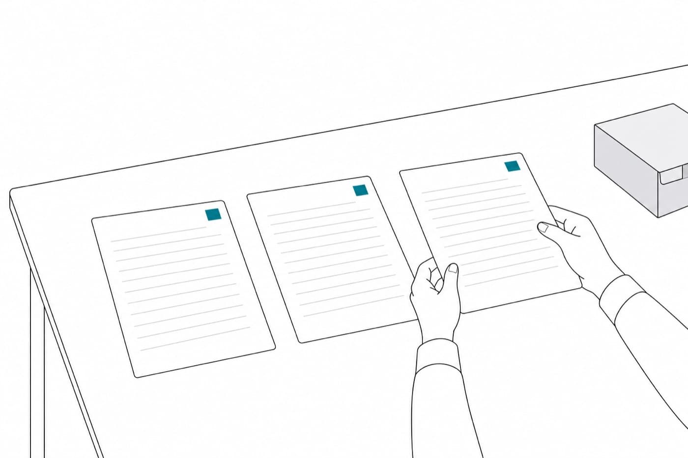 A flat line illustration of three sheets of paper laid side by side on a desk, each carrying the same small teal mark in the same position near its top corner, with a pair of hands placing the third sheet down and a closed carton at the edge of the desk.