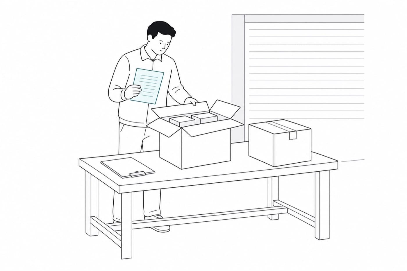A flat line illustration of a person standing at a bench beside an open carton, holding a printed packing slip in one hand and looking down into the box, with a second sealed carton and a clipboard on the bench and a roller shutter door behind.