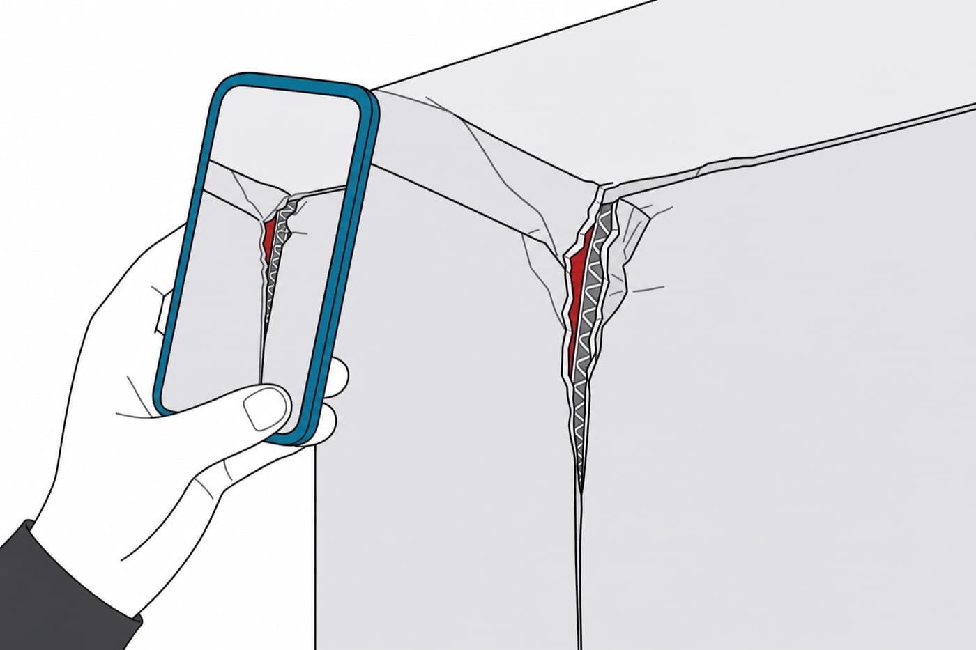 A flat illustration close up on the split corner of a carton, the corrugation showing through the tear, with a phone held beside it framing the damage.