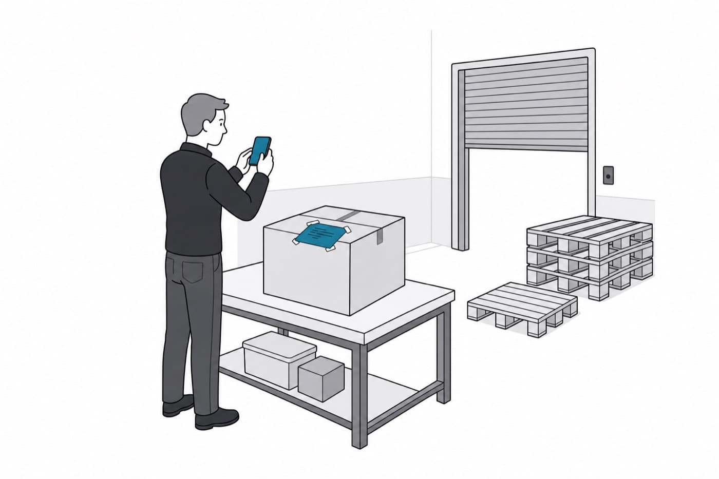 A flat illustration of a receiver at a workbench holding up a phone to photograph the packing slip taped to a carton, with stacked pallets and a roller shutter door behind him.