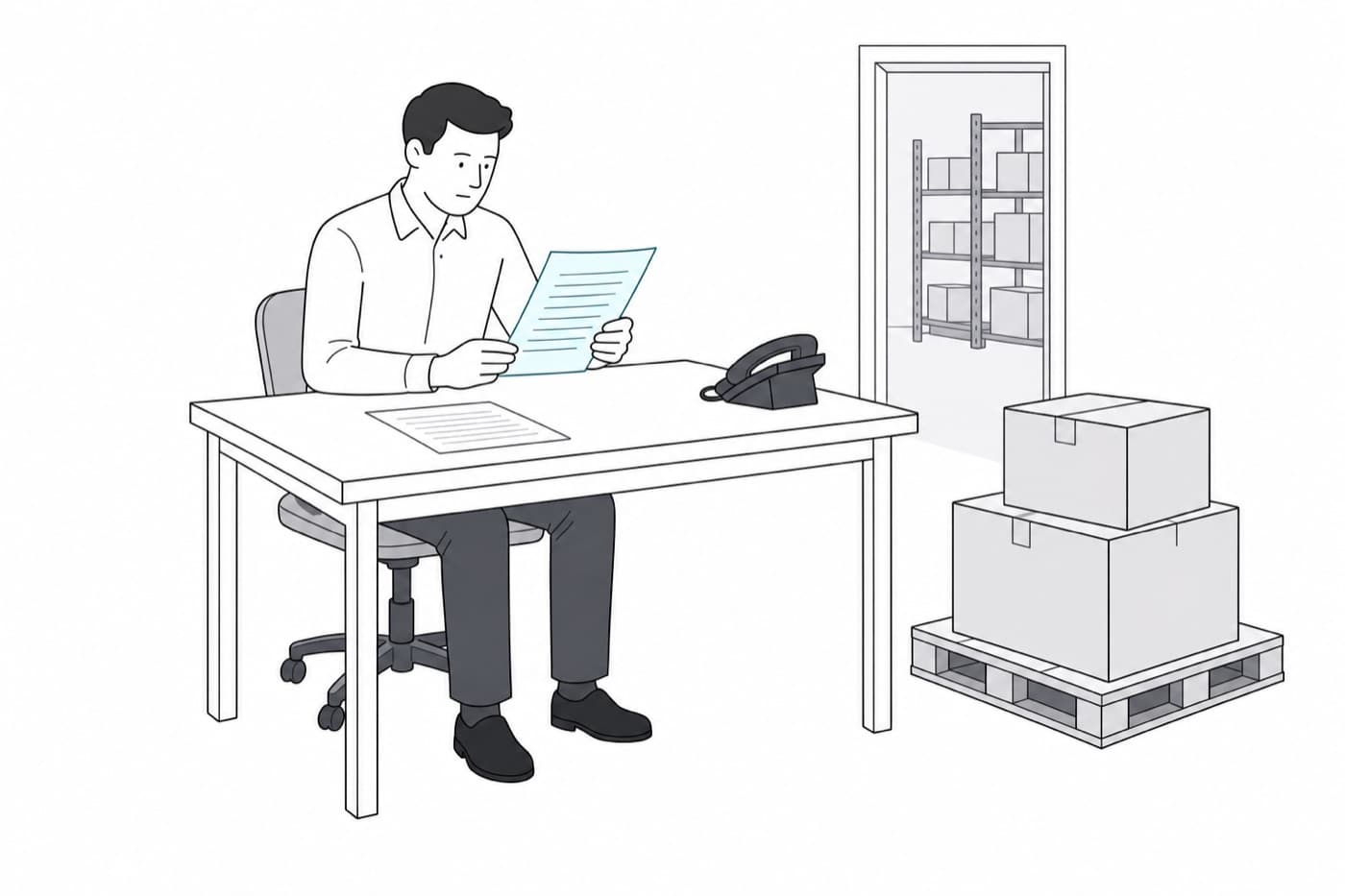 A flat line illustration of a person sitting at a desk reading a printed purchase order, a second sheet on the desk beside a telephone, and a pallet stacked with two cartons standing on the floor to the right, with shelving visible through a doorway behind.