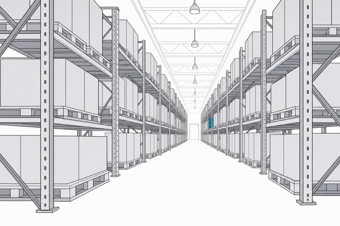 A flat illustration looking down a long aisle of pallet racking from floor level, stacked pallets on both sides receding to a bright opening at the far end.
