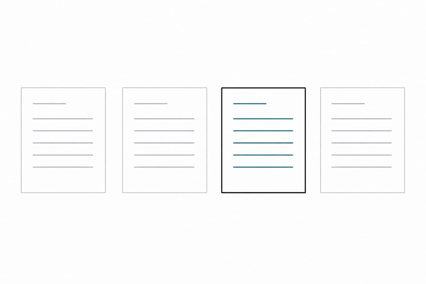 A flat illustration of four documents arranged in a row, the third drawn in heavier line than the others.