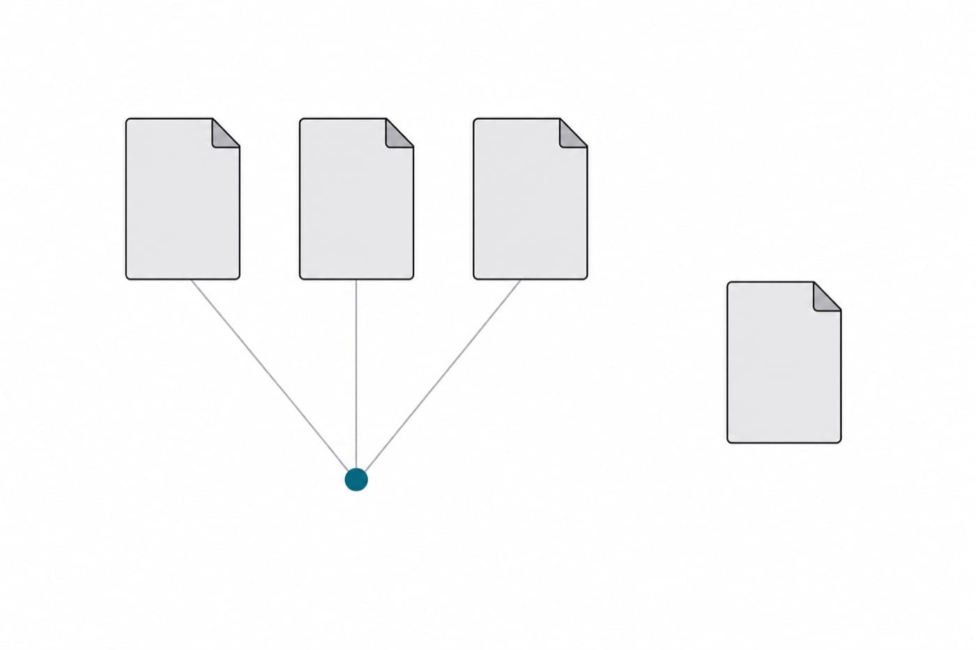 A flat illustration of three documents whose lines converge on a single point, with a fourth document set apart from them.