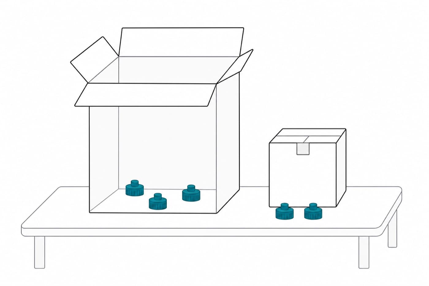 A flat line illustration of two cardboard cartons on a bench: a large open carton holding three small identical teal parts loosely with empty space around them, and a much smaller closed carton beside it with two of the same parts in front of it.