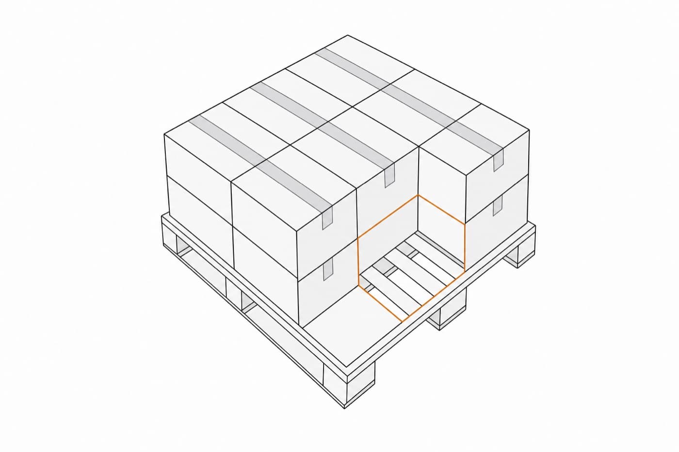 A flat illustration of a single pallet seen from above and to one side, cartons stacked neatly except for a rectangular gap where two are missing, the bare slats showing through.