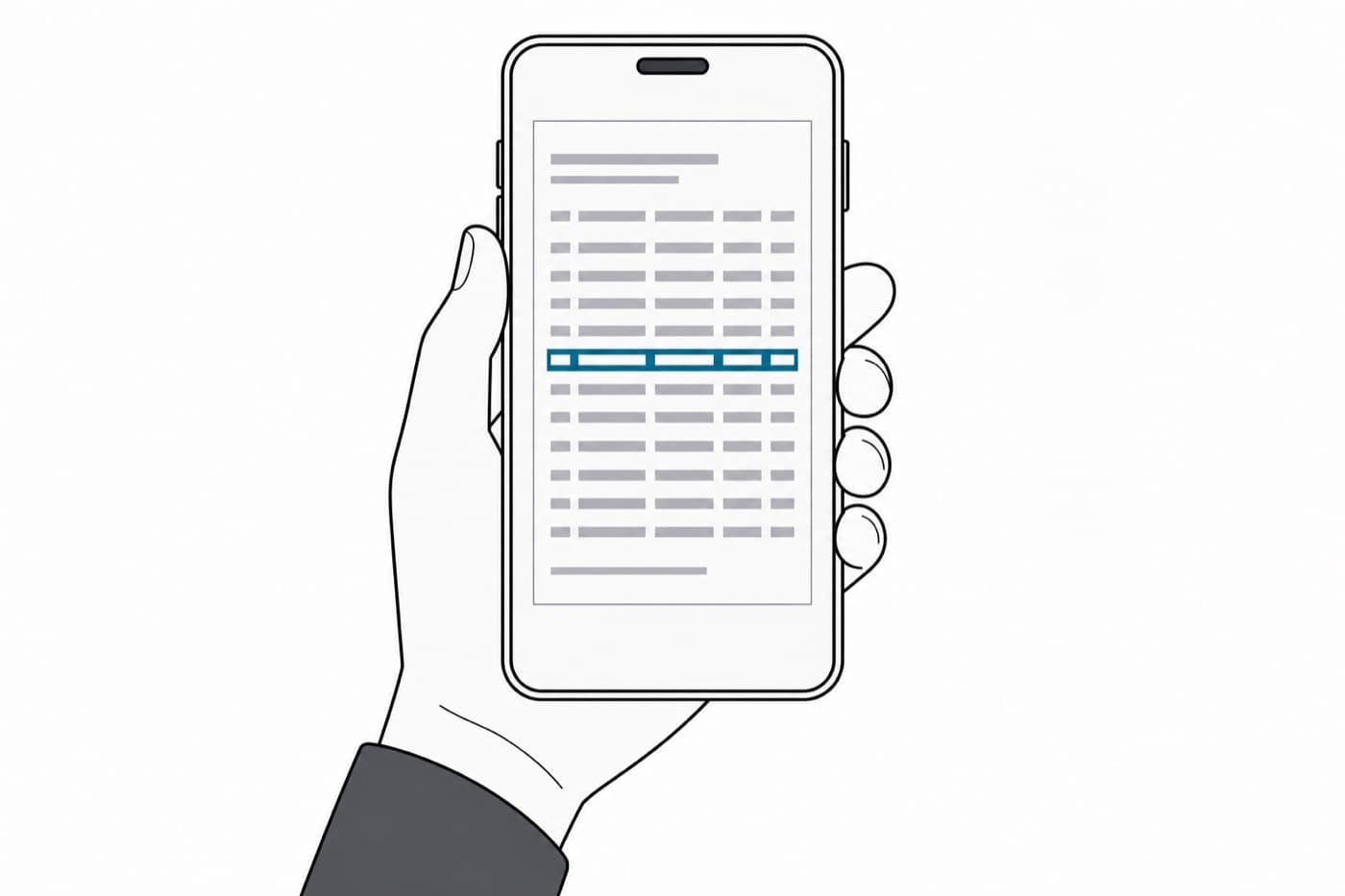 A flat illustration of a phone held upright in one hand, filling the frame, its screen showing a photographed packing slip with one row picked out.