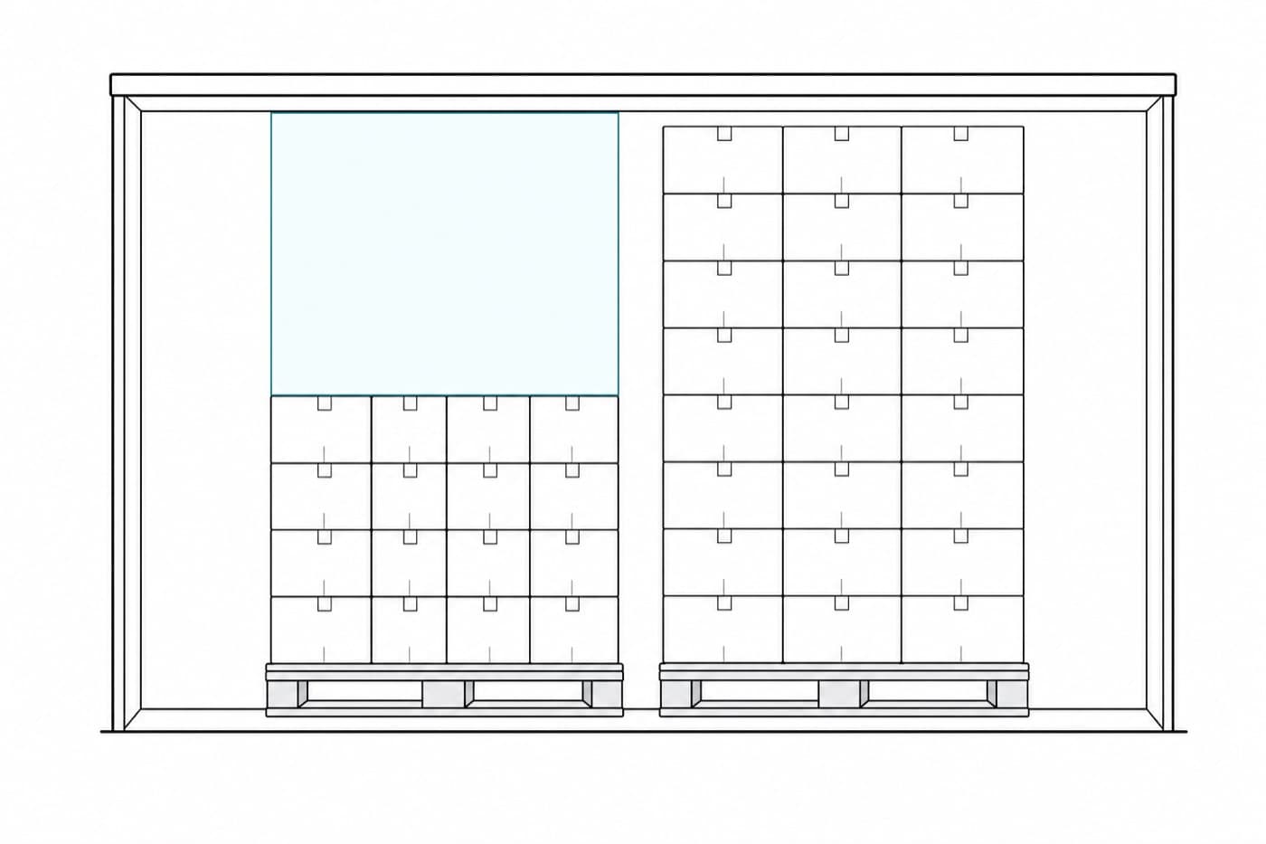 A flat line cutaway of a trailer interior with two pallets of identical footprint side by side: a short dense stack on the left with the empty air above it lightly tinted, and a tall stack on the right reaching almost to the roof.