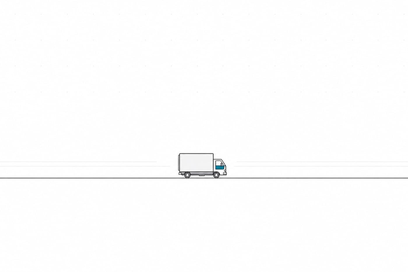 A flat illustration of a small box truck travelling along a single thin road line, tiny in a mostly empty frame.