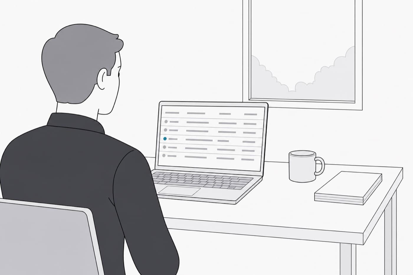 A flat illustration seen over someone’s shoulder as they sit at a desk reading a delivery summary on a laptop, a mug and a small stack of paper beside it.