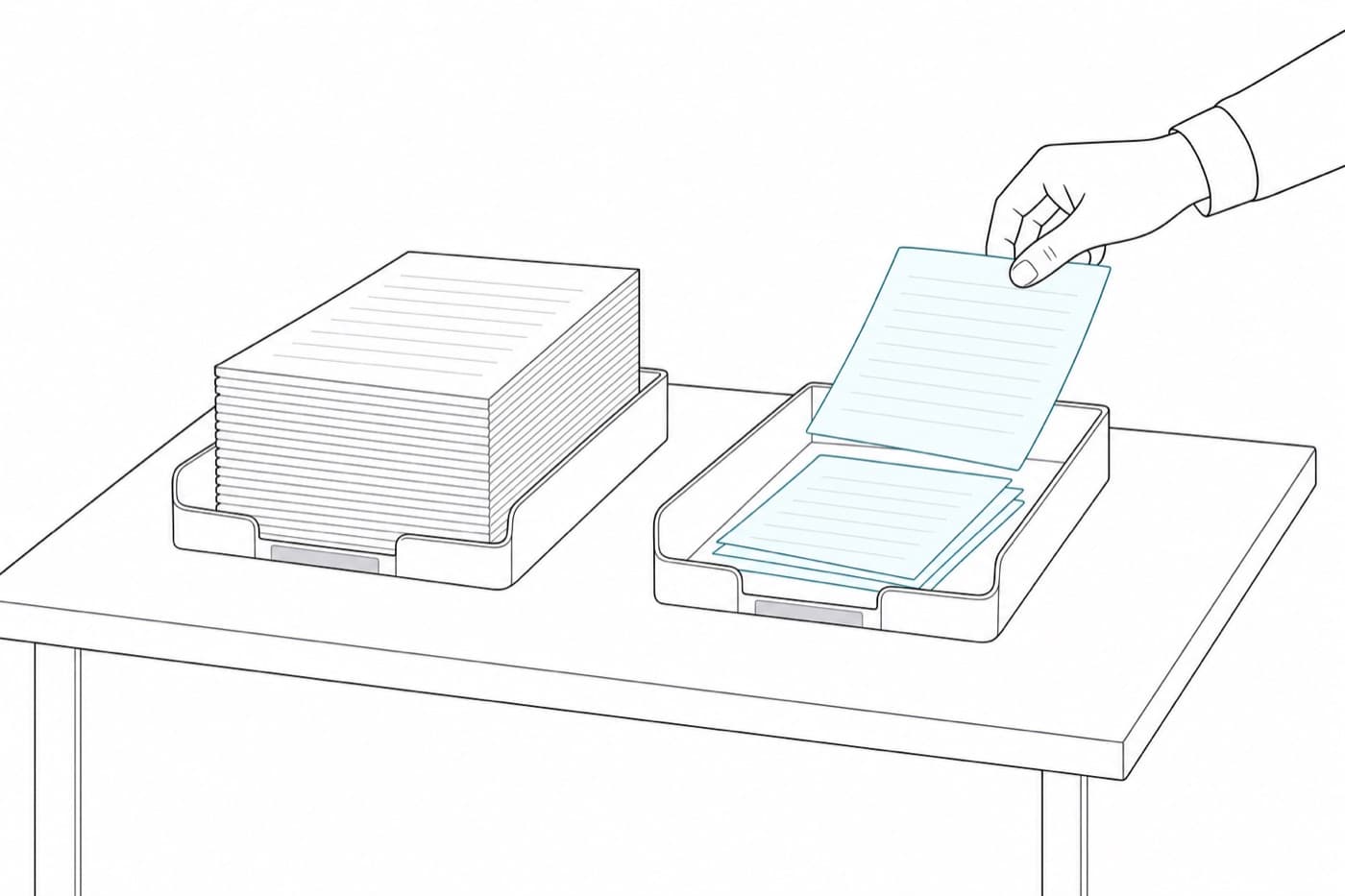 A flat line illustration of two document trays on a desk: a thick neat stack of plain sheets in the left tray, and only three or four lightly tinted sheets set askew in the right, with a hand placing one more onto the small pile.