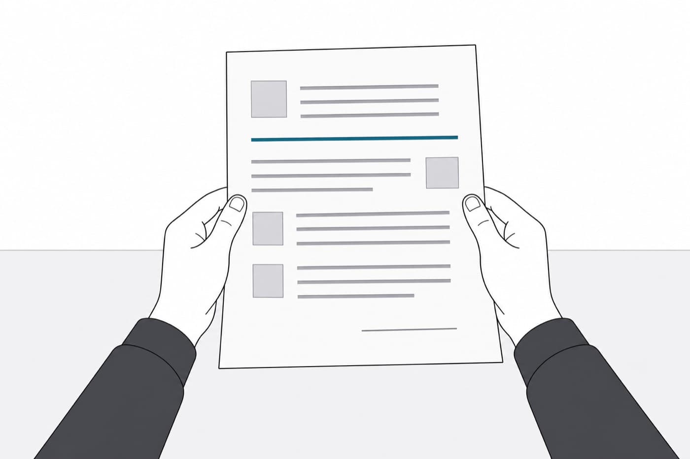 A flat illustration from the reader’s own point of view, both hands holding a single sheet of paper with ruled lines and a signature line at the foot.