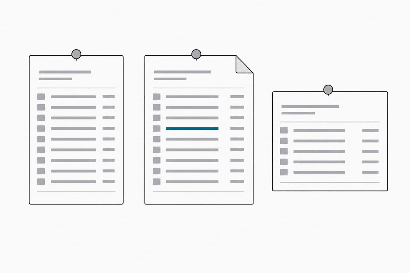 A flat illustration of three documents pinned side by side and drawn square on: a taller narrow one, a slightly larger one with a folded corner, and a shorter wider one.
