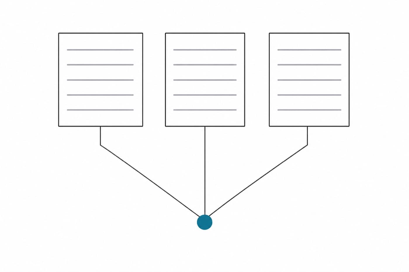 A flat illustration of three plain documents with a single line running down from each, the three lines meeting at one point below them.