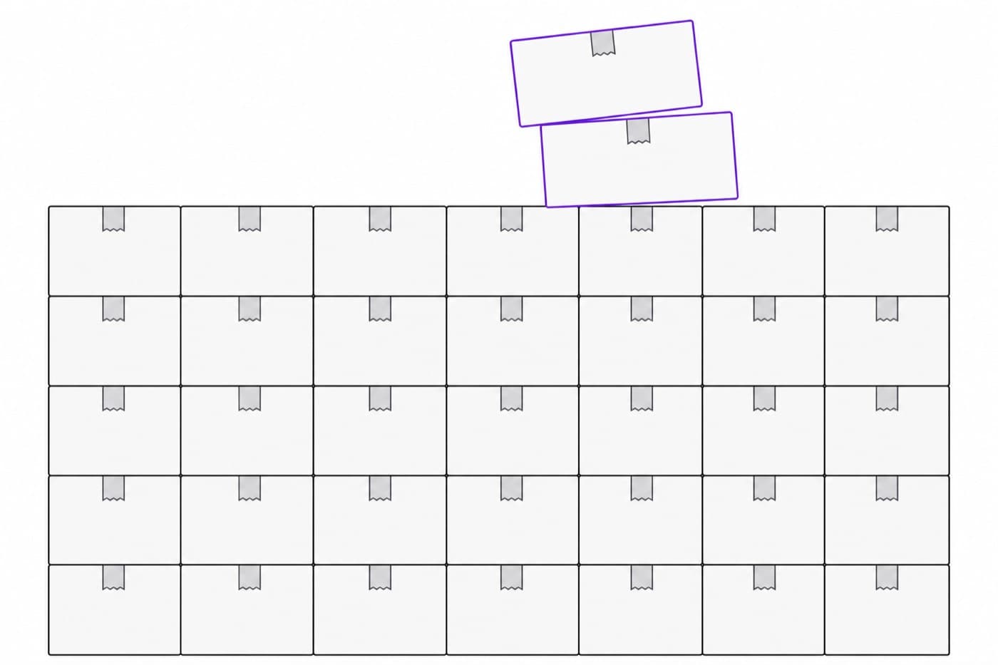 A flat illustration of a wall of stacked cartons seen straight on, with two extra cartons sitting crooked on top, one overhanging the edge.