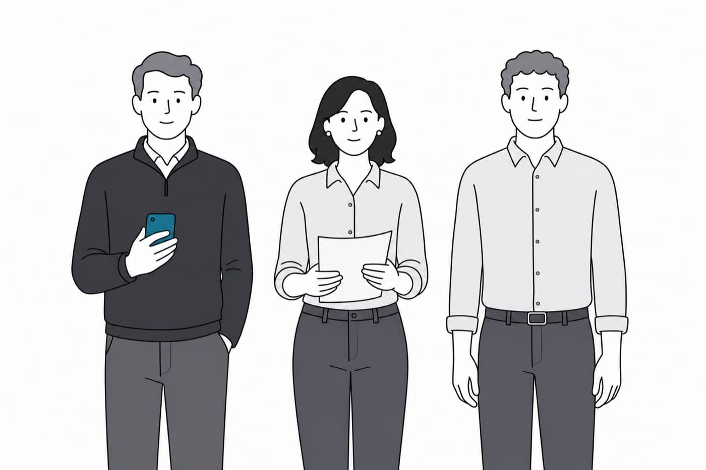 A flat illustration of three people standing side by side facing the viewer, one holding a phone, one holding a sheet of paper, one with their hands at their sides.