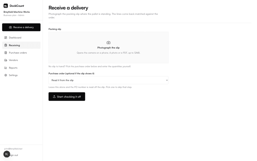 The Receive a delivery screen, with a box for photographing the packing slip and a dropdown for picking the purchase order.