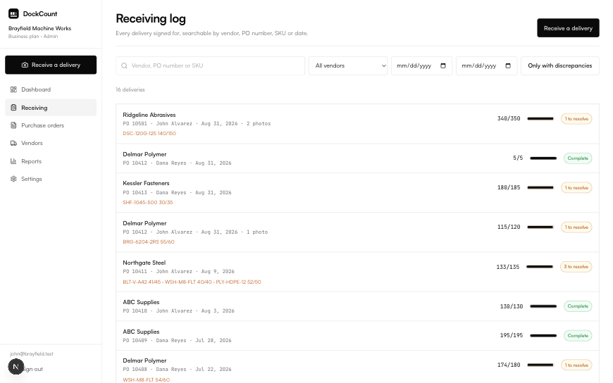 The receiving log: a list of deliveries with vendor, PO number, who signed and how much arrived, with a search box and filters above.