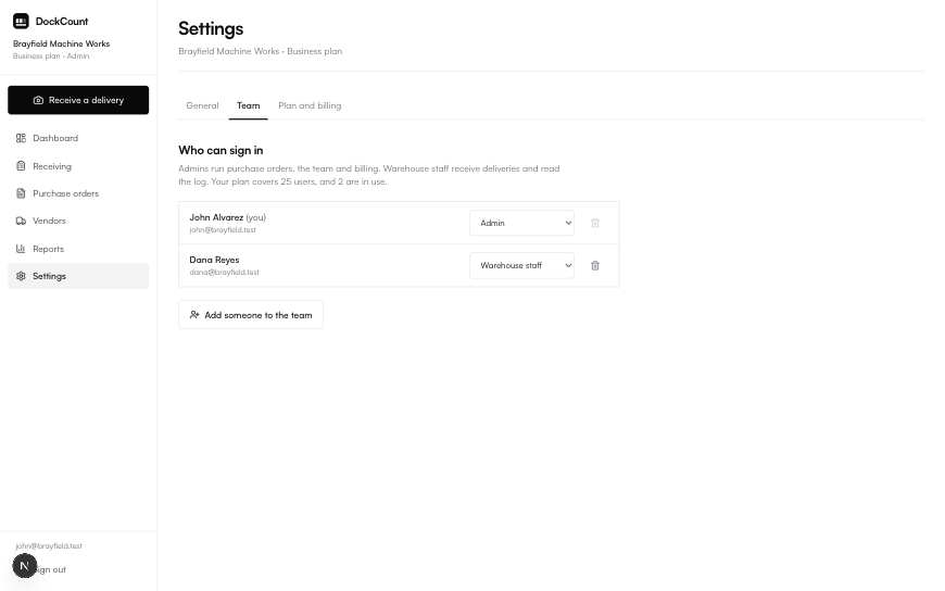 The team settings page listing two people, each with a dropdown to set them as admin or warehouse staff.