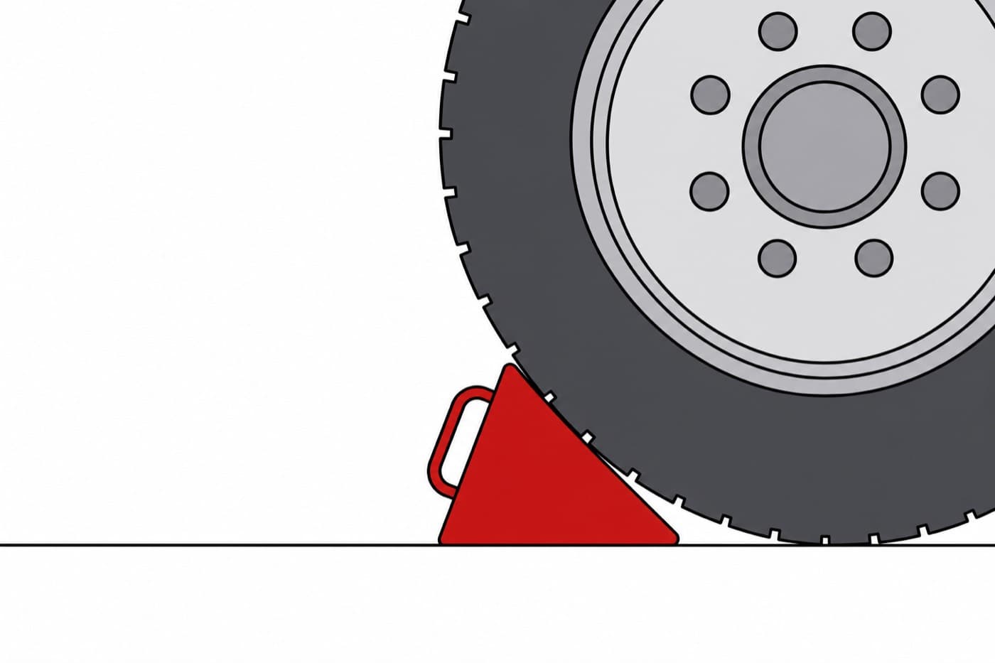 A flat illustration in extreme close-up of a truck tyre at ground level with a triangular wheel chock wedged against it.