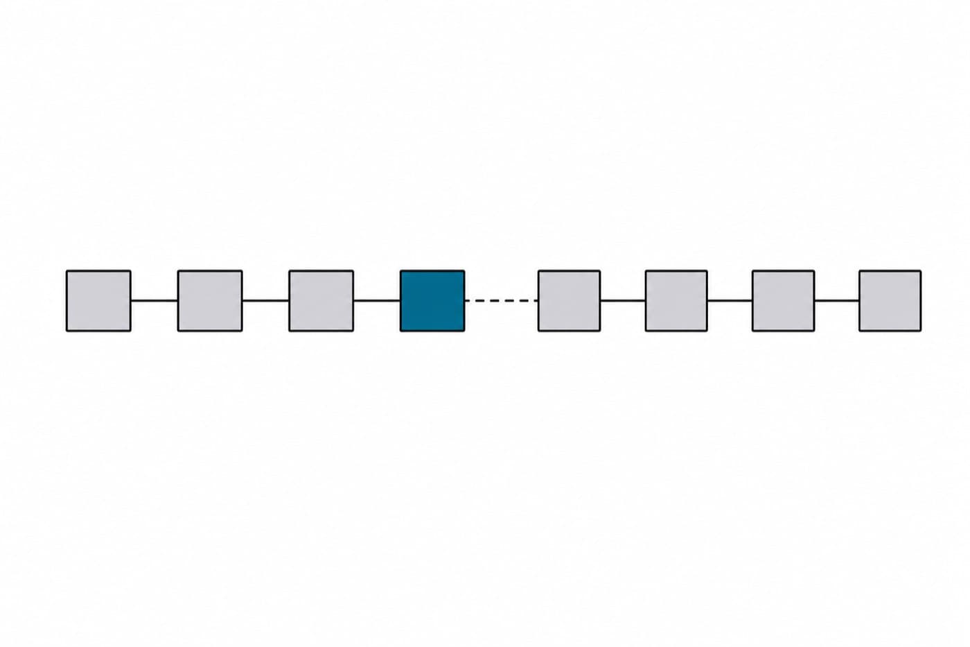 A flat illustration of a horizontal chain of small squares, one filled in, with the link beside it drawn as a broken dashed line.