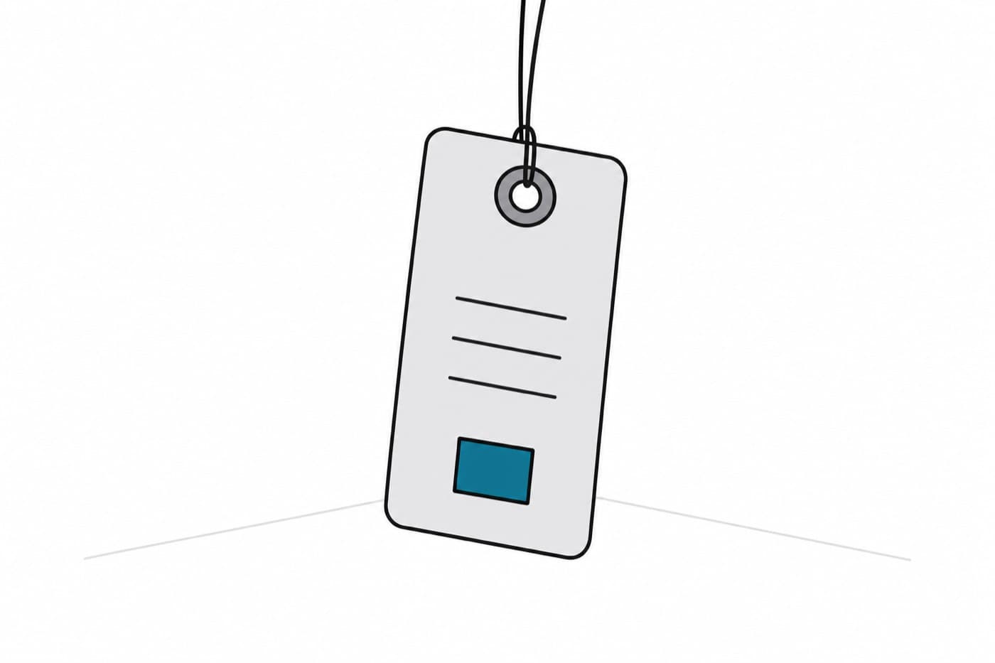 A flat illustration of a rectangular swing tag hanging on a string, carrying abstract rule lines and one solid block.