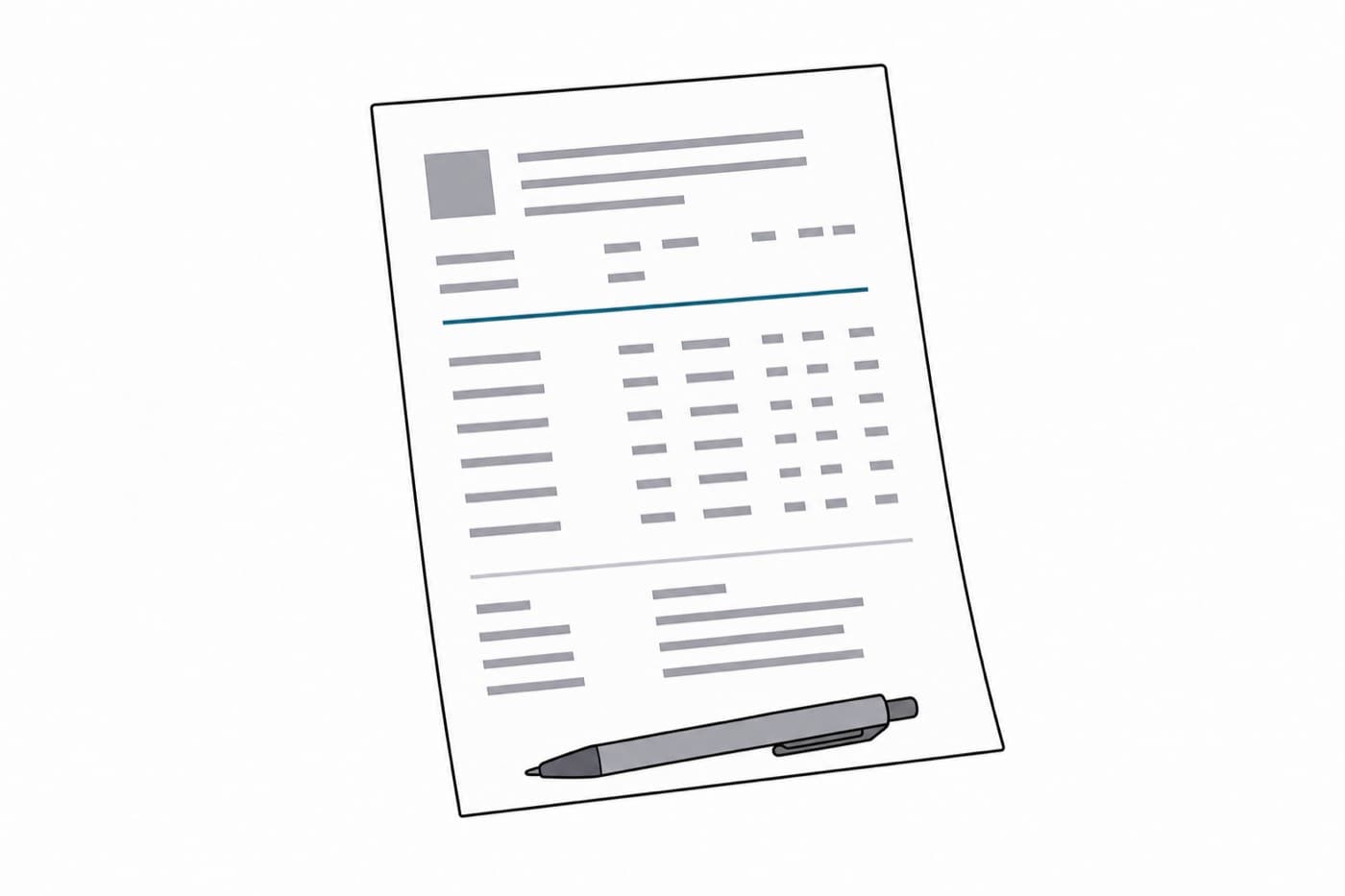 A flat illustration of a single document held upright, seen at a slight angle, with a pen resting across its lower edge.