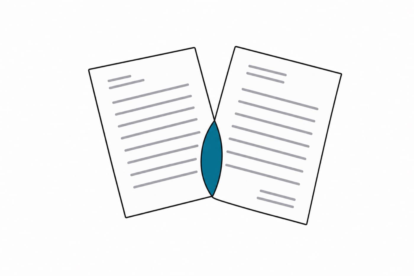 A flat illustration of two documents overlapping at an angle, drawn as plain rectangles with abstract rule lines, the area where they cross picked out.