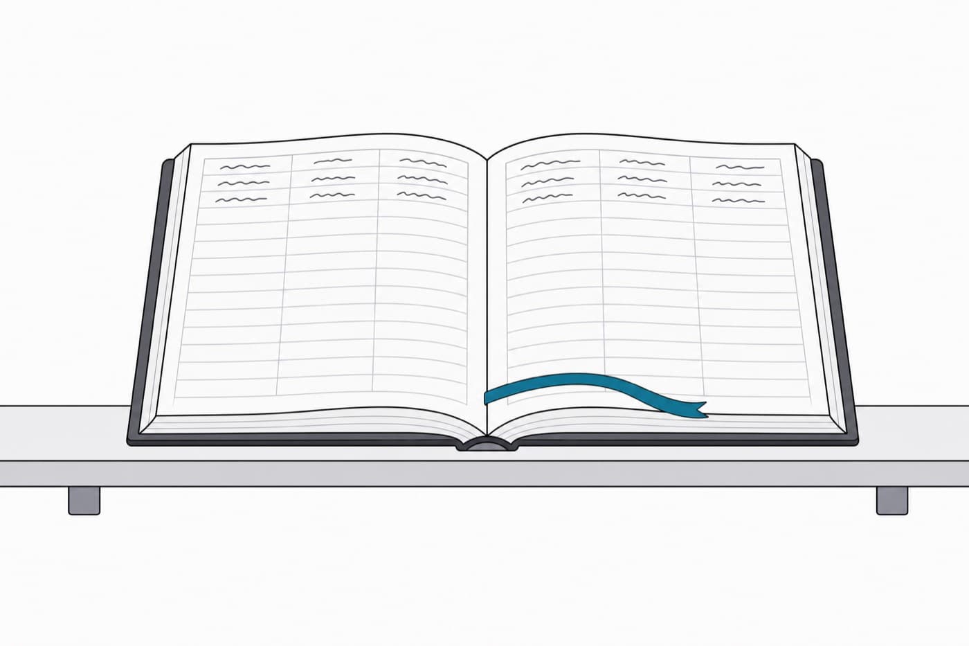 A flat illustration of a hardbound ledger lying open on a shelf, seen from the side, its pages ruled into columns with a ribbon marker across them.