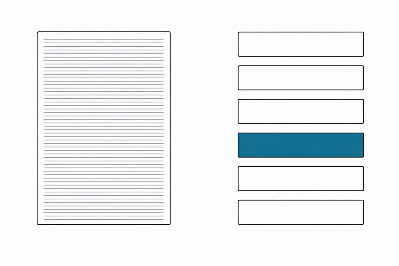 A flat illustration of a document on the left with fine rule lines, and on the right the same lines redrawn as separated horizontal blocks.