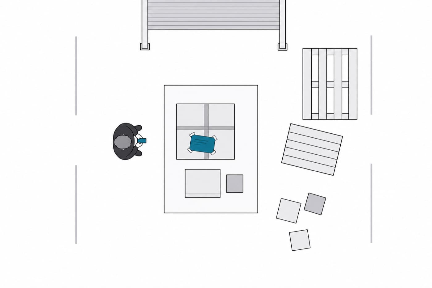 A flat illustration of a loading bay drawn as a plan from directly overhead: a roller door along one edge, two pallets, scattered cartons, painted floor markings and one person seen from the top.